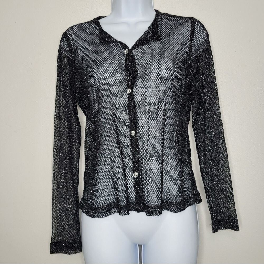 Js Collections Black Sparkly Open Knit Button Fro… - image 1